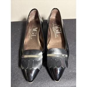 AGL Attilio Giusti Leombruni Black Patent Leather Fringe Loafer Heels Size 37.5